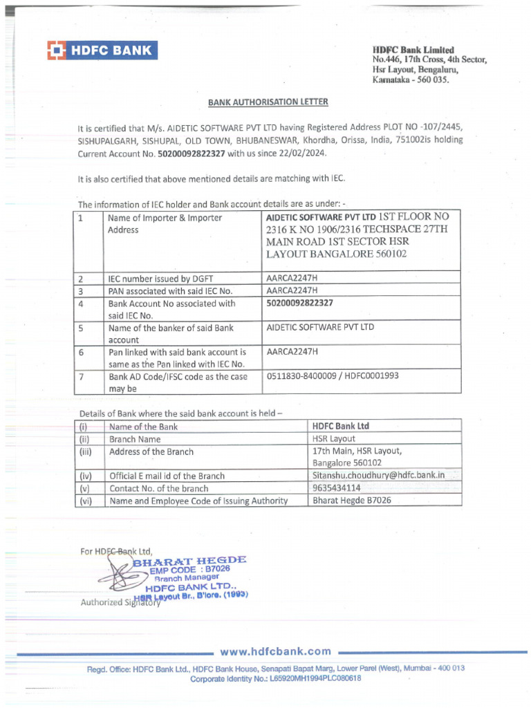 AD Code Signed in Bank Letter Head | PDF