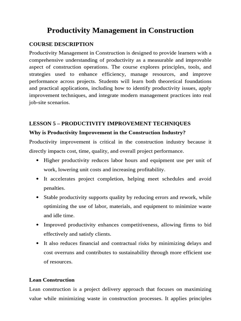 Productivity Management in Construction - Lesson 5 & 6 | PDF | Project ...
