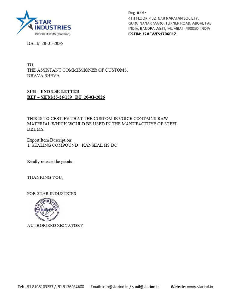 End Use Letter - Sifm 159 - Signed | PDF