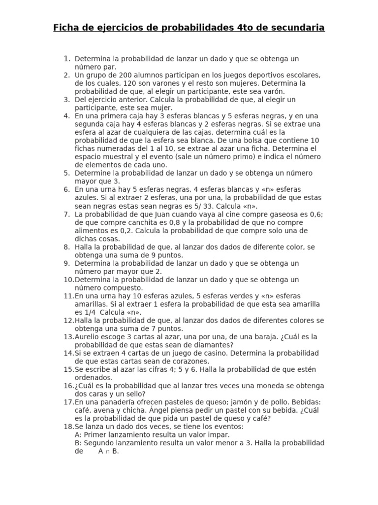 Ejercicios de Probabilidades para Secundaria | PDF | Probabilidad
