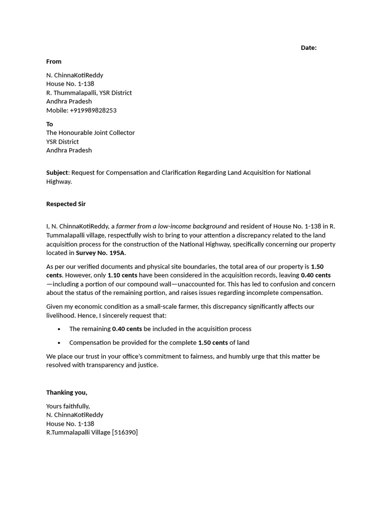 Land Acquisition Compensation Request | PDF