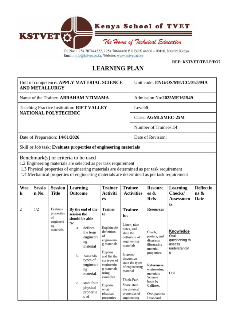 LEARNING PLAN (1) .Material and Mettullugy | PDF | Engineering ...