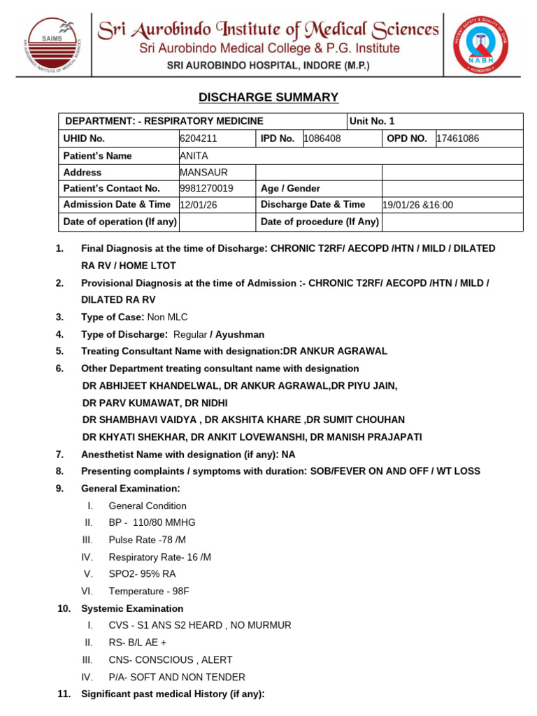 Discharge Summary for Chronic T2RF Patient | PDF | Liver | Medical ...