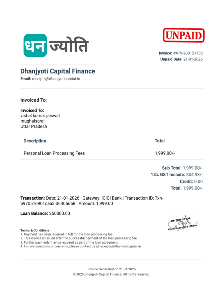 Vishal Kumar Jaiswal Processing Fee Unpaid Invoice | PDF