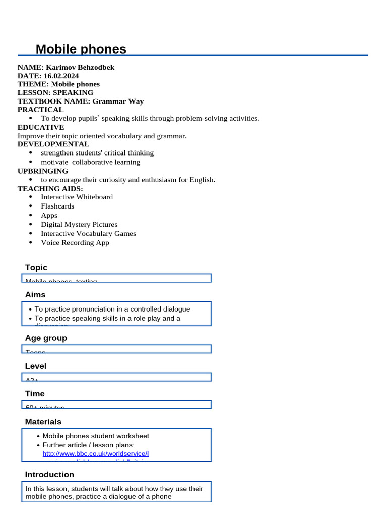 Mobile Phones: Speaking Skills Lesson | PDF | Vocabulary | Learning