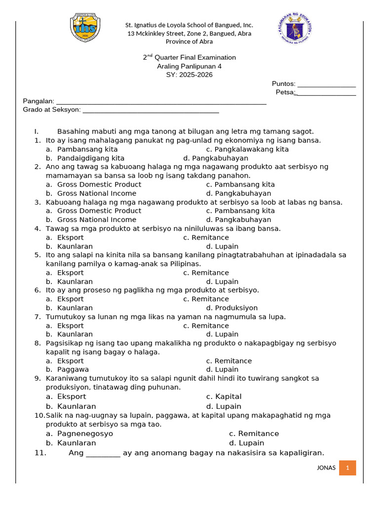 2nd Quarter Final Examination AP 4 | PDF