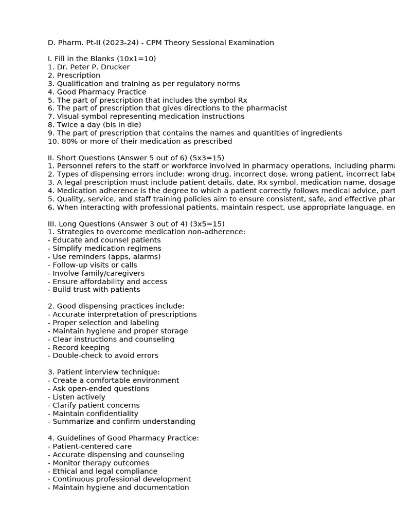 CPM Theory Exam: D. Pharm. Pt-II 2023-24 | PDF