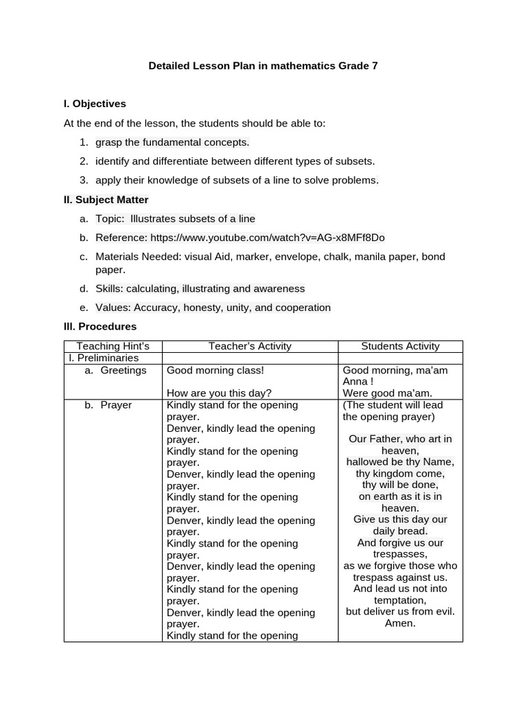 Grade 7 Math Lesson: Line Subsets | PDF | Lord's Prayer | Geometry