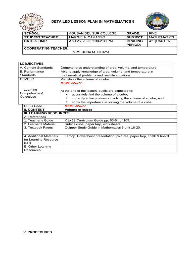 Finaldemo DLP in Mathematics 5 | PDF | Volume | Length