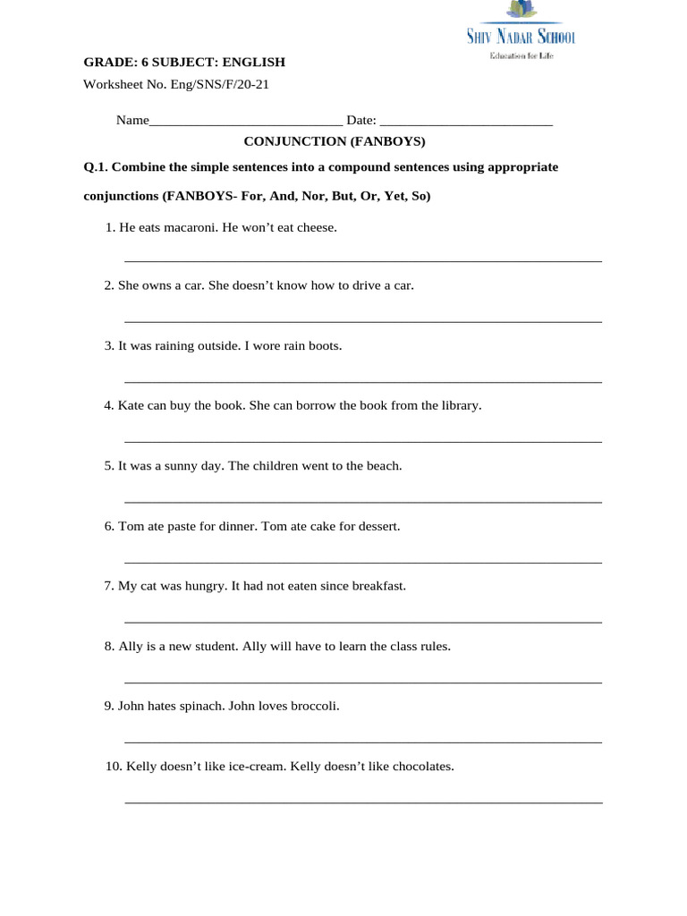 Conjunctions Worksheet for Grade 6 | PDF