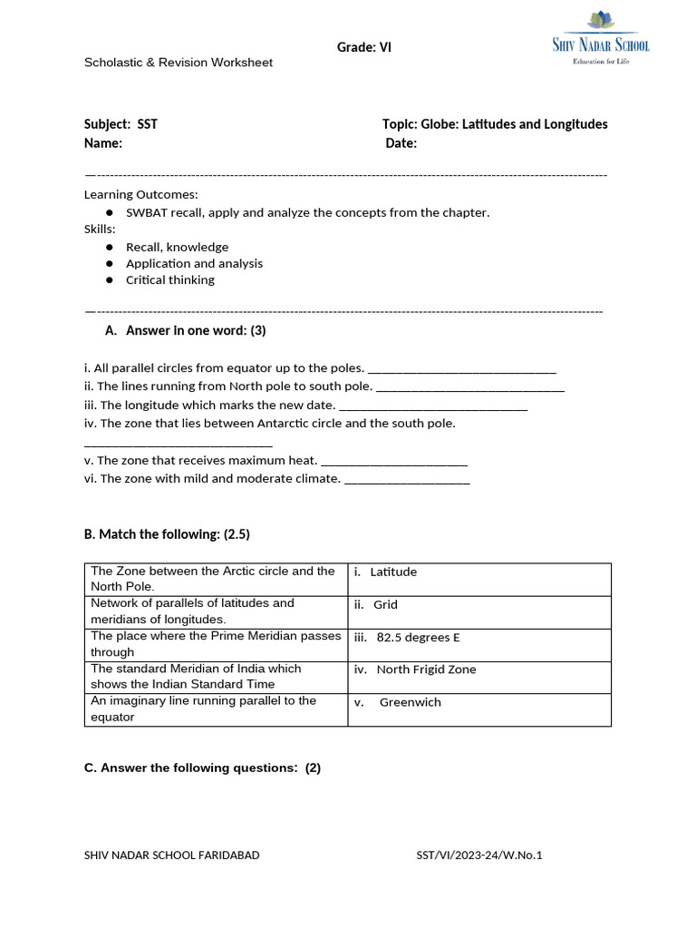 Grade VI SST Worksheet: Globe Basics | PDF
