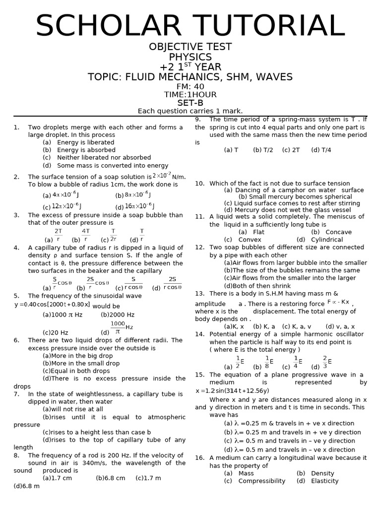 Physics Objective Test: Fluid Mechanics & Waves | PDF | Waves | Sound