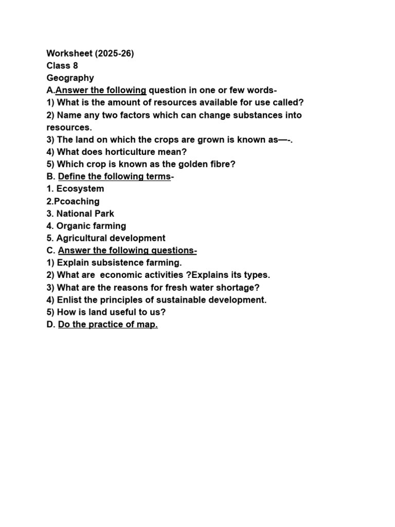 Class 8 Geography Worksheet 2025-26 | PDF