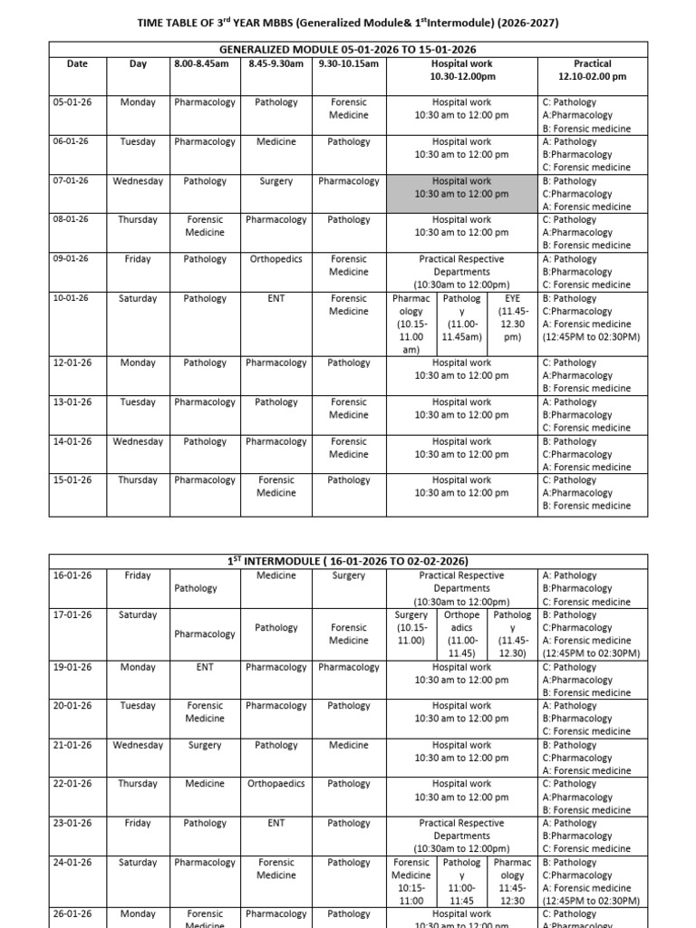 3rd Year MBBS Timetable 2026-2027 | PDF | Pathology | Biology