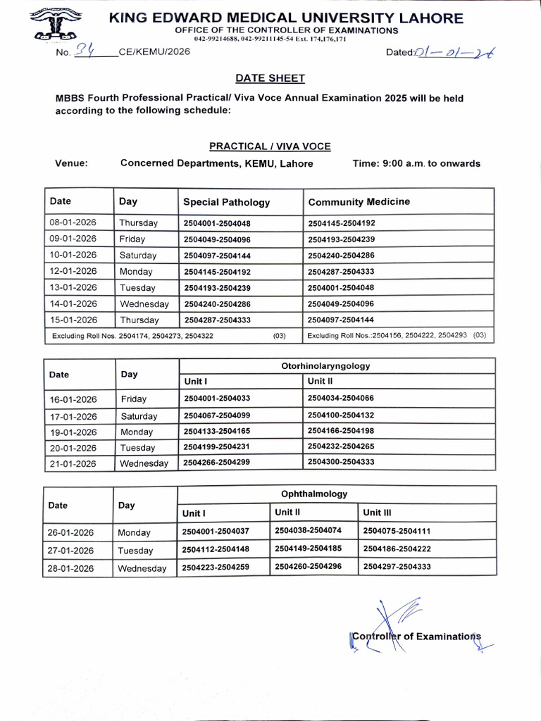 KEMU MBBS Practical Exam Schedule 2026 | PDF
