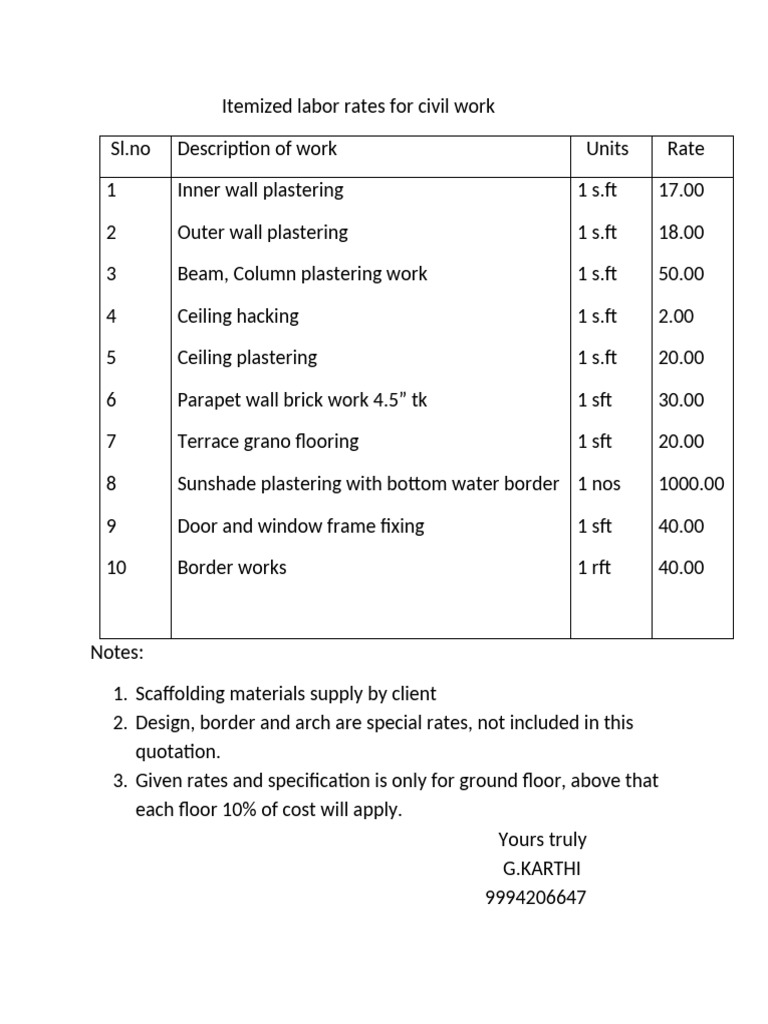 Civil Work Labor Rate Breakdown | PDF
