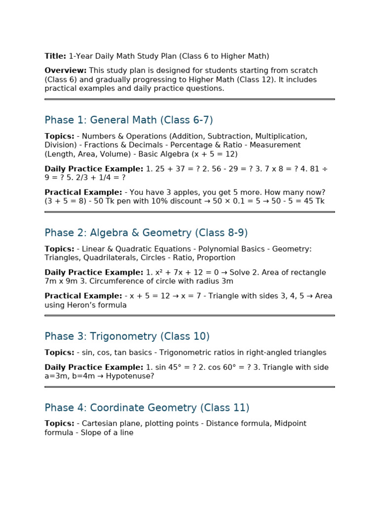 Math Study Plan PDF | PDF