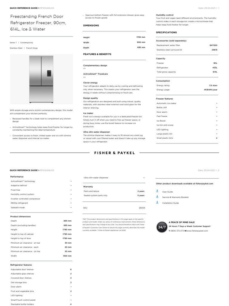 032cd6f2 RF610ANUX5 Fisher Paykel Specifications Sheet | PDF ...