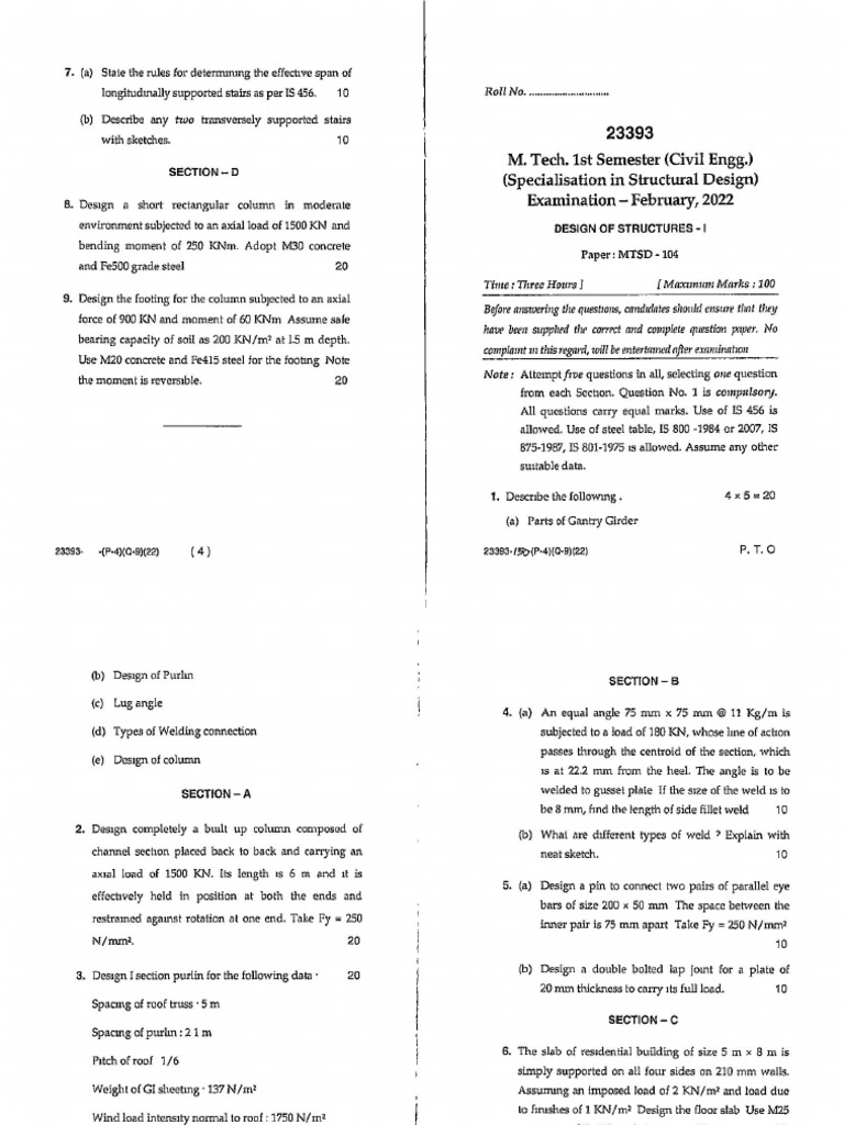 Mtech SD 1st Sem Feb 2022 Design of Structures - I 23393 | PDF