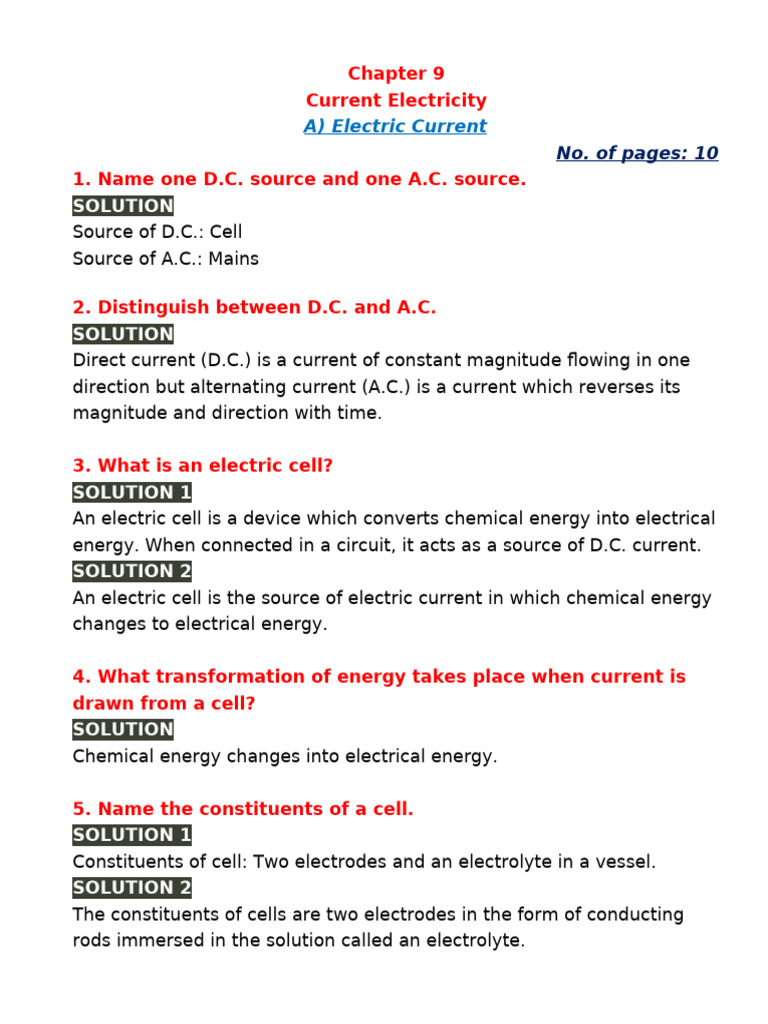 Chapter 9 Current Electricity | PDF | Electric Current | Voltage