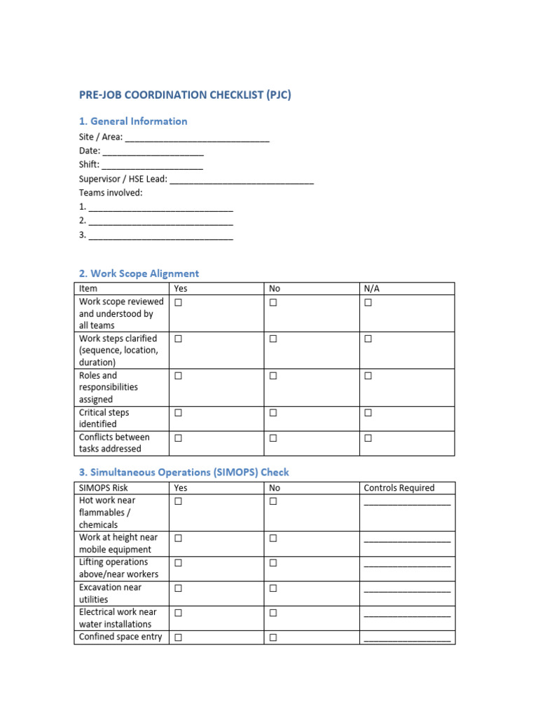 Pre-Job Coordination Checklist | PDF | Safety | Occupational Safety And ...