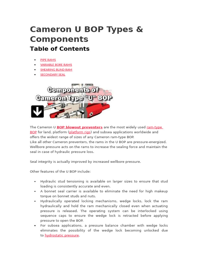 Cameron U BOP Types and Features | PDF | Hydraulics | Mechanical ...