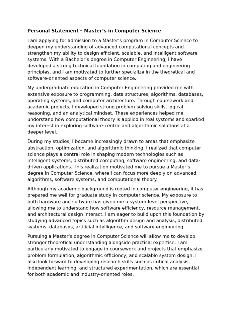 Master's in Computer Science Personal Statement | PDF | Computer ...