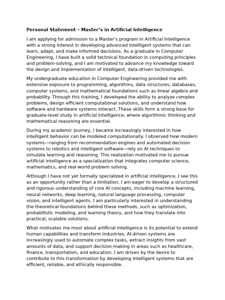 Master's in AI Personal Statement | PDF | Artificial Intelligence ...
