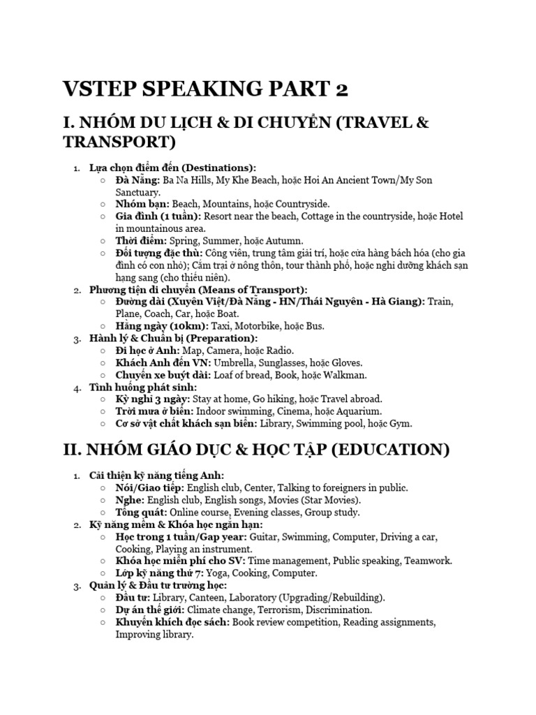 VSTEP Speaking Part 2 - Master Final List | PDF