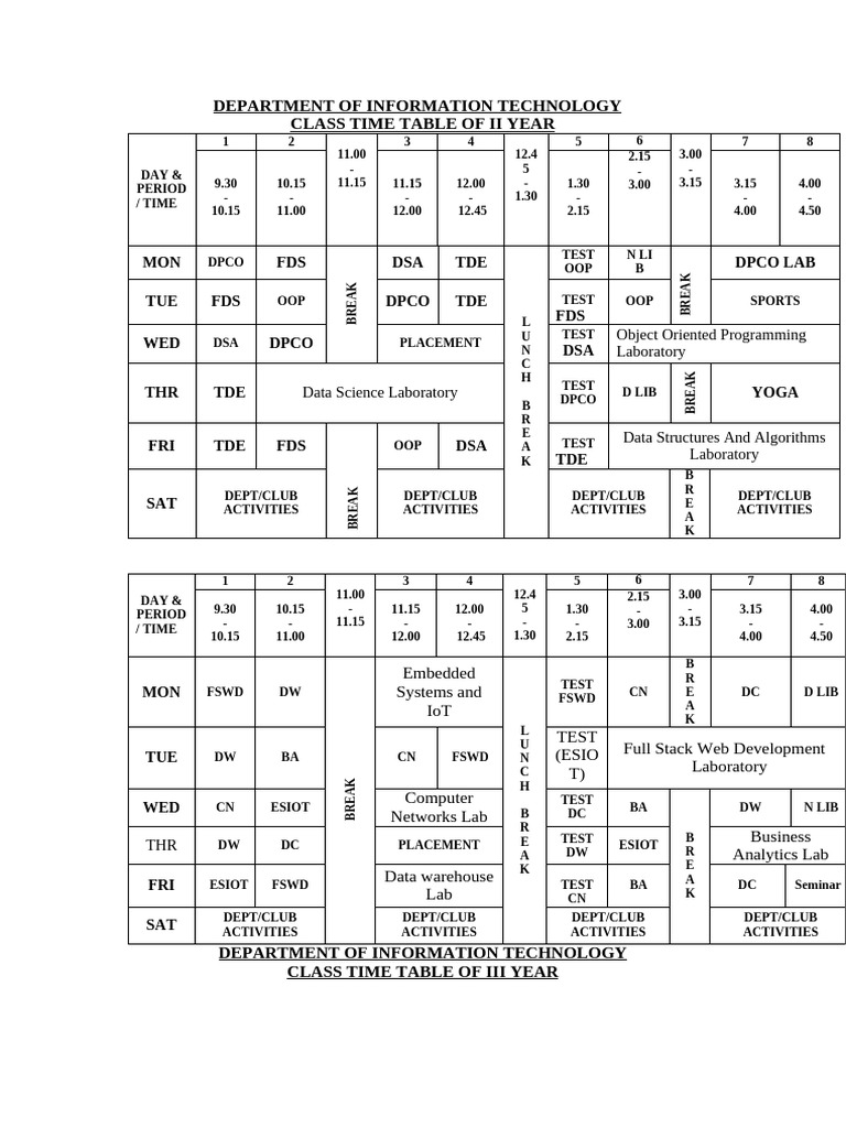 II Year IT Class Time Table | PDF | Computing | Computer Engineering