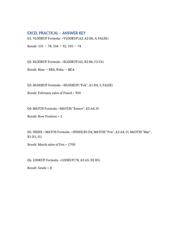 Excel Formulas Answer Key Guide | PDF