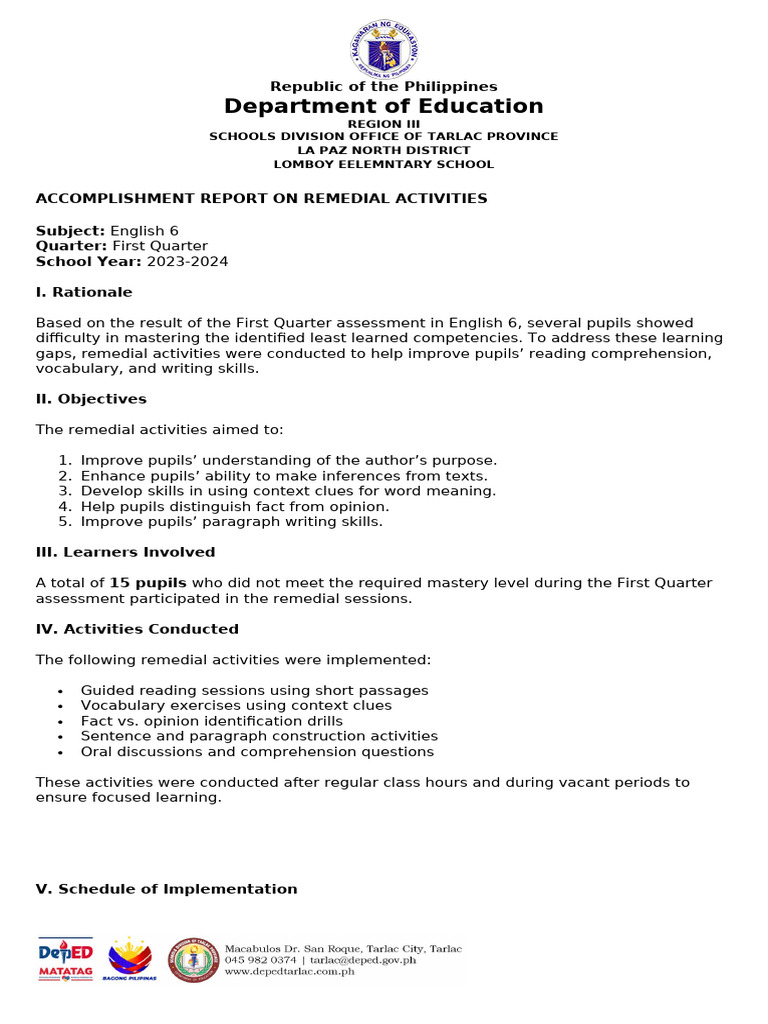 Remedial Activities Report for English 6 | PDF | Reading Comprehension ...