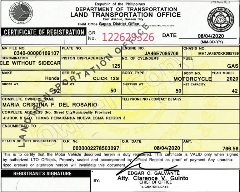 Motor Vehicle Registration Certificate | PDF
