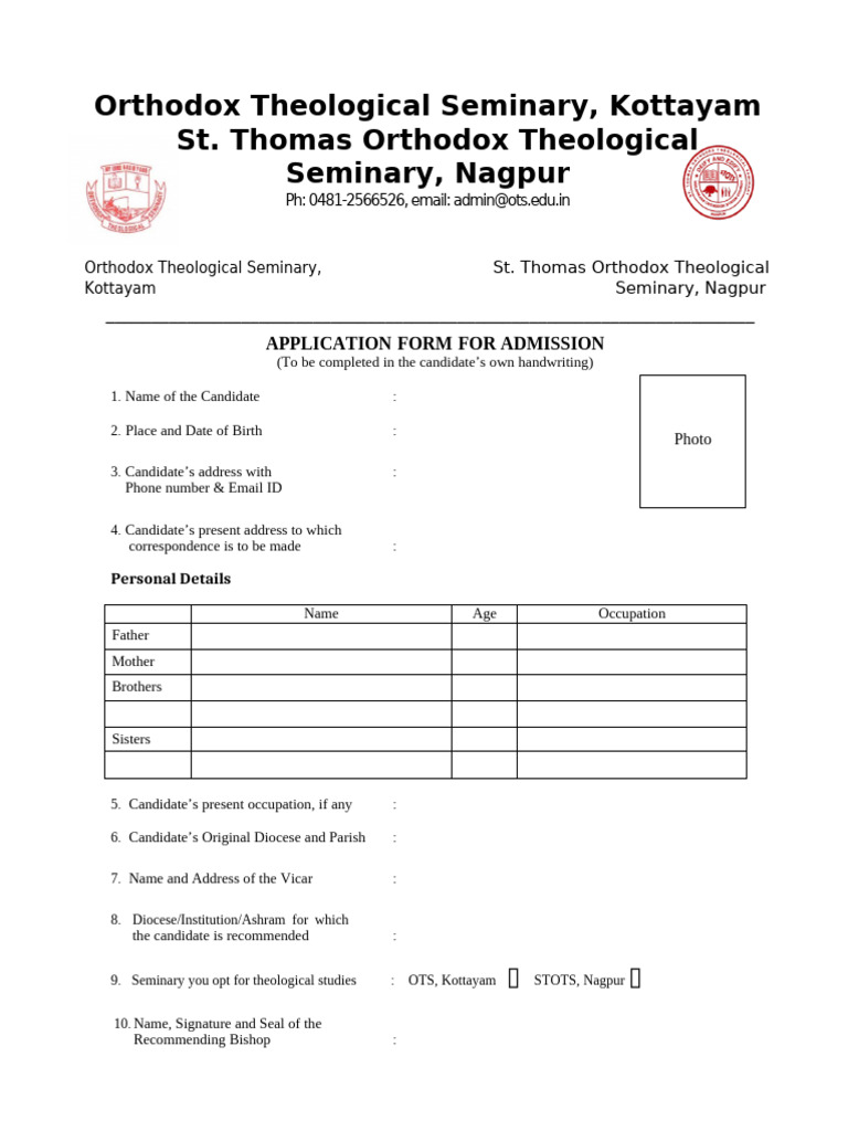 Orthodox Seminary Admission Application Form | PDF | Bible