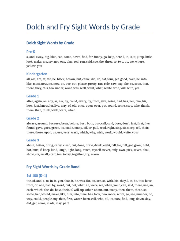 Dolch and Fry Sight Words by Grade | PDF