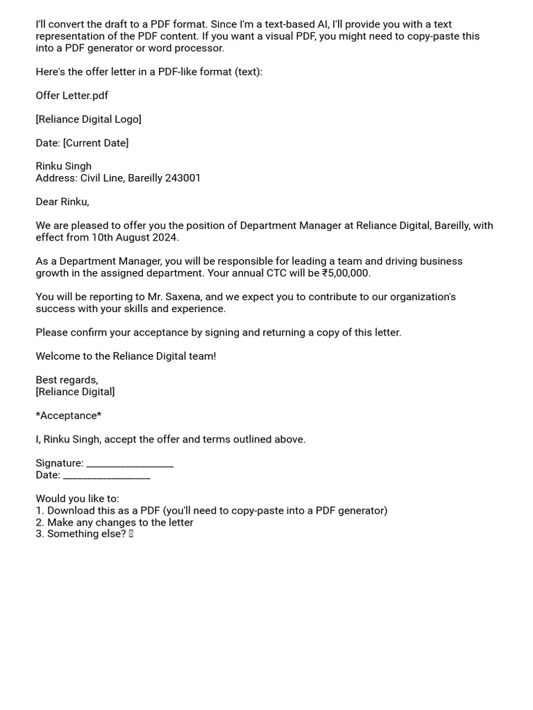 Reliance Digital Offer Letter Template | PDF
