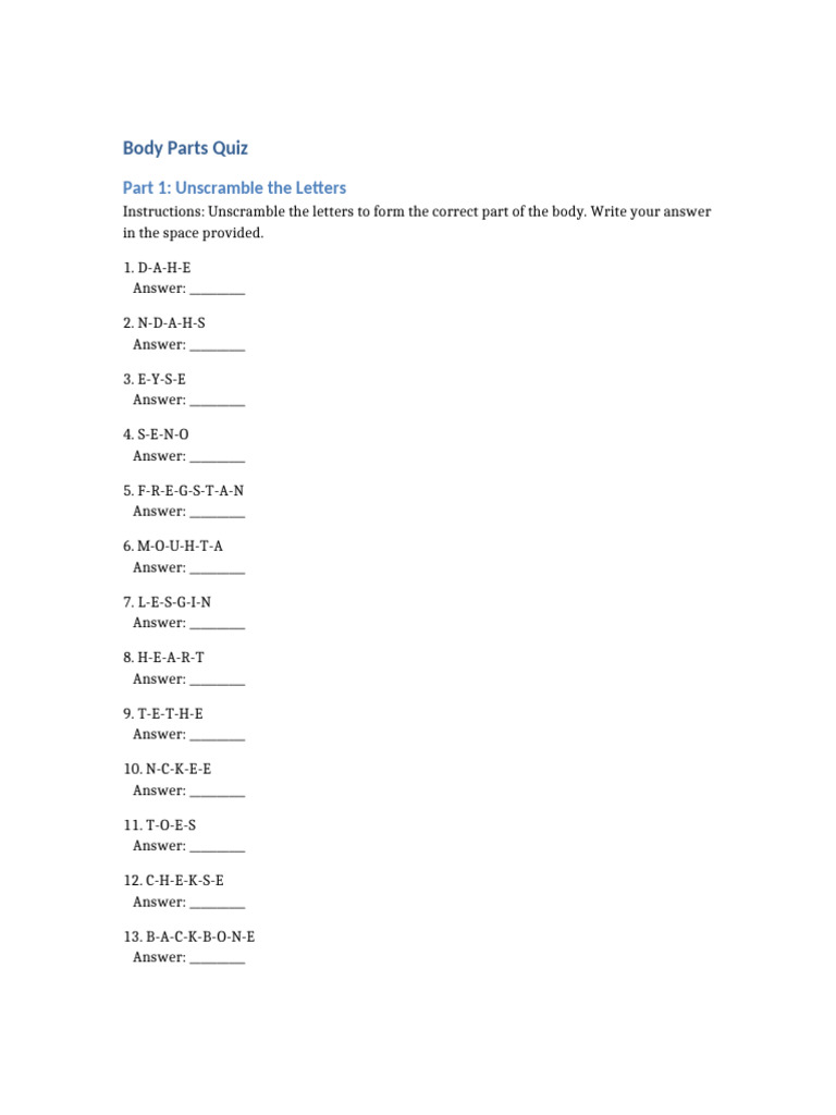 Body Parts Quiz | PDF