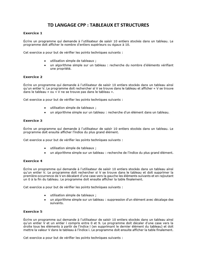 Exercices C++ : Tableaux et Algorithmes | PDF | Programmation informatique