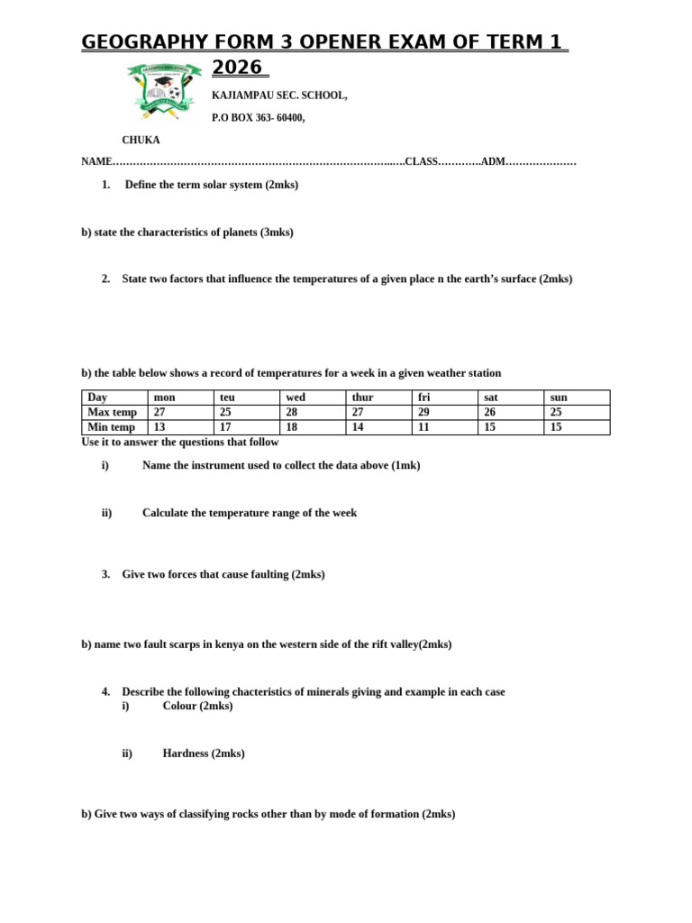 Geography Form 3 Term 1 Exam 2026 | PDF