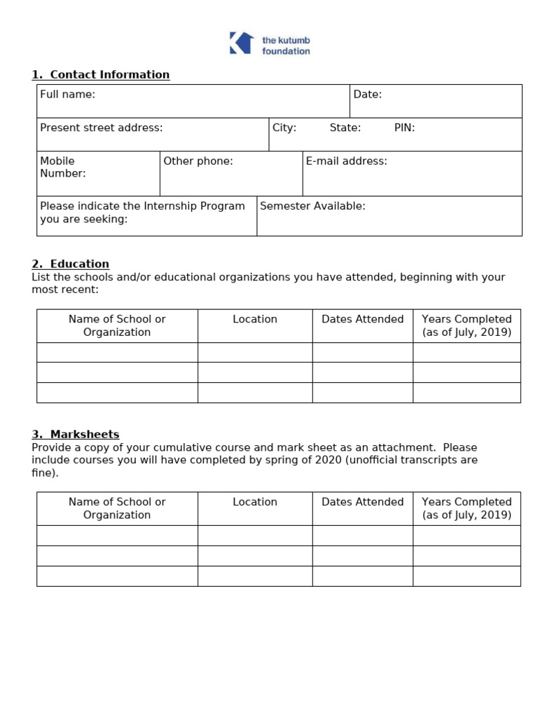 Internship Application Form Template | PDF | Internship | Job Hunting