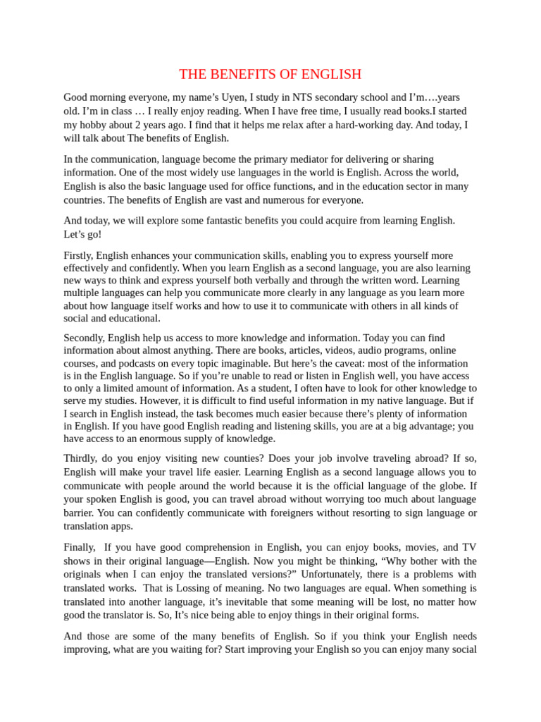 Benefits of Learning English Skills | PDF | English Language ...