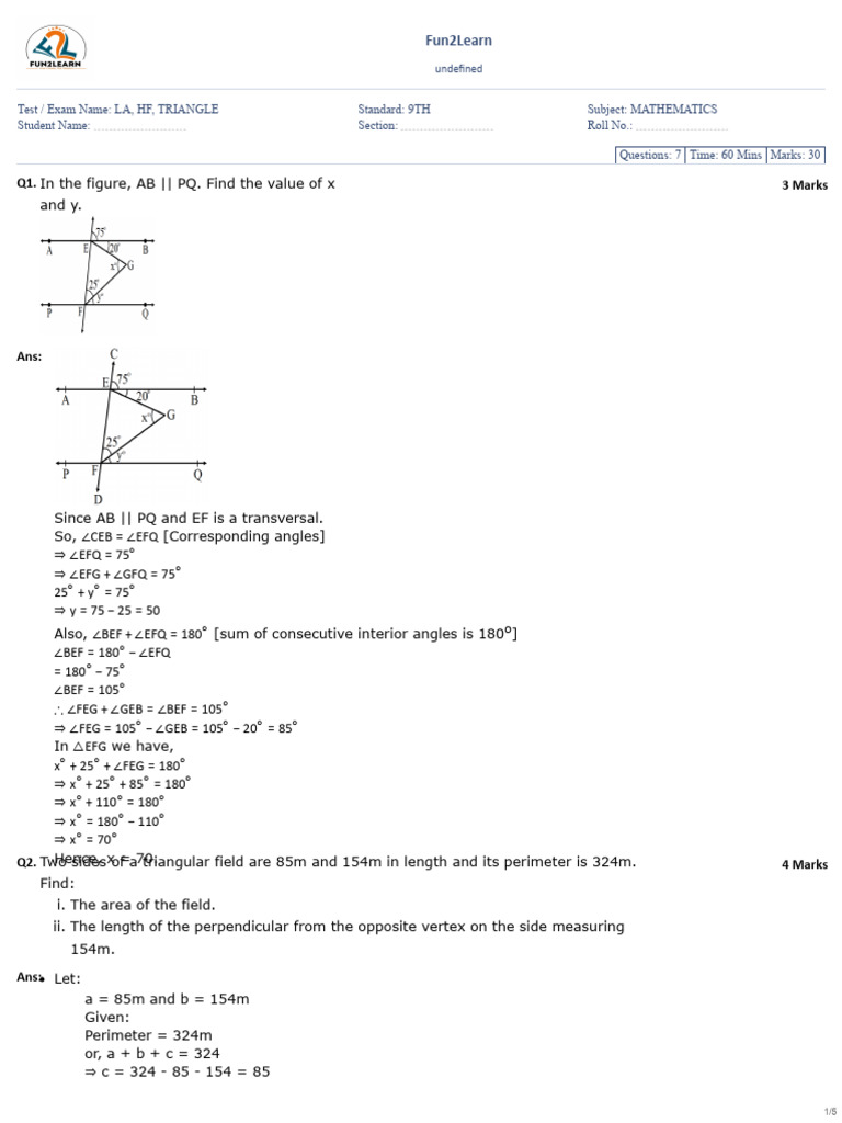9th Grade Math Test: Triangles & Angles | PDF | Triangle | Area