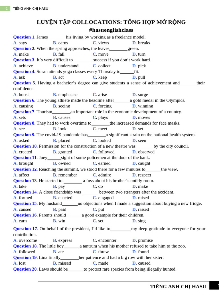 Collocations Practice for English Learners | PDF