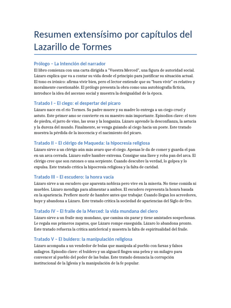 Resumen Extensísimo Lazarillo de Tormes (2) | PDF