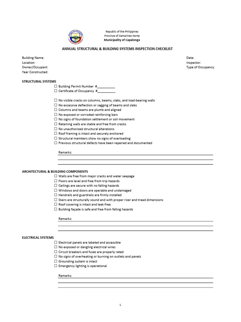 Building Safety Inspection Checklist | PDF | Stairs | Wall