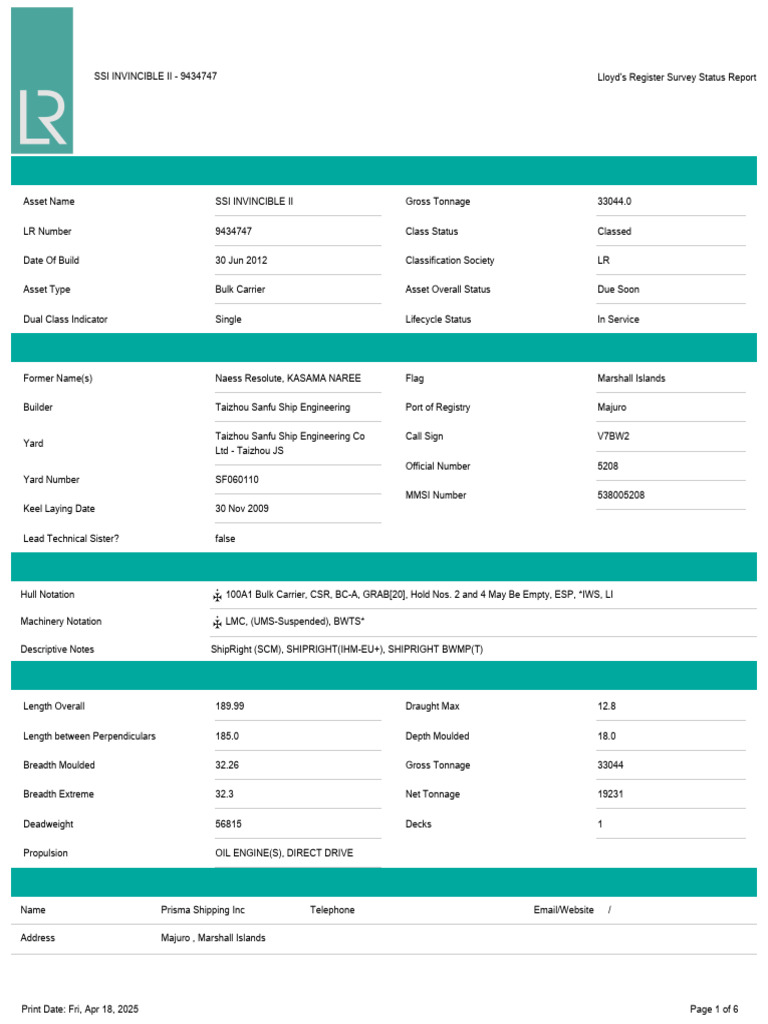 SSI Invincible II Survey Status Report | PDF | Ships | Tonnage