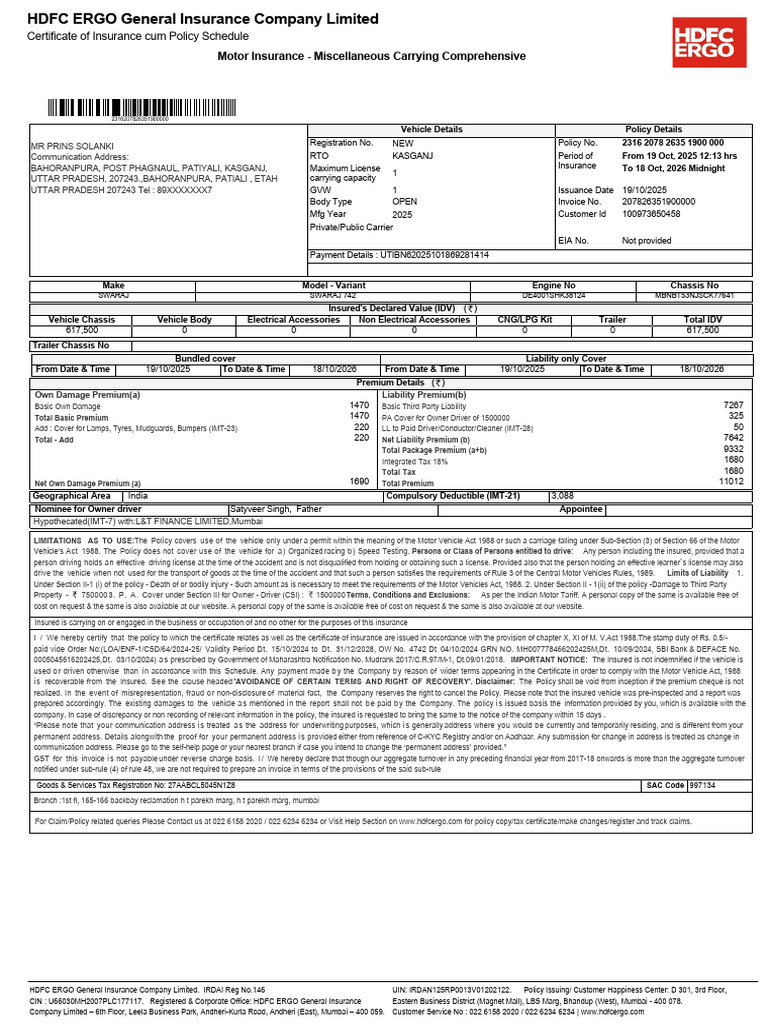 Comprehensive Motor Insurance Policy Details | PDF | Insurance | Deductible