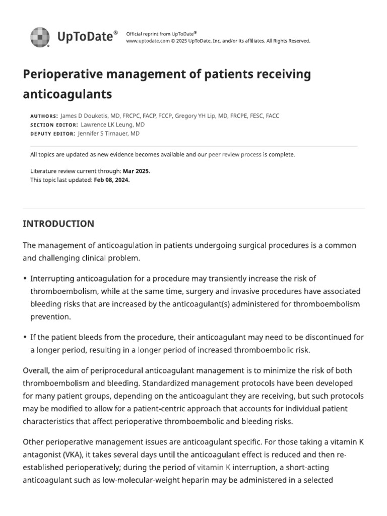 Perioperative Management of Patients Receiving Anticoagulants | PDF