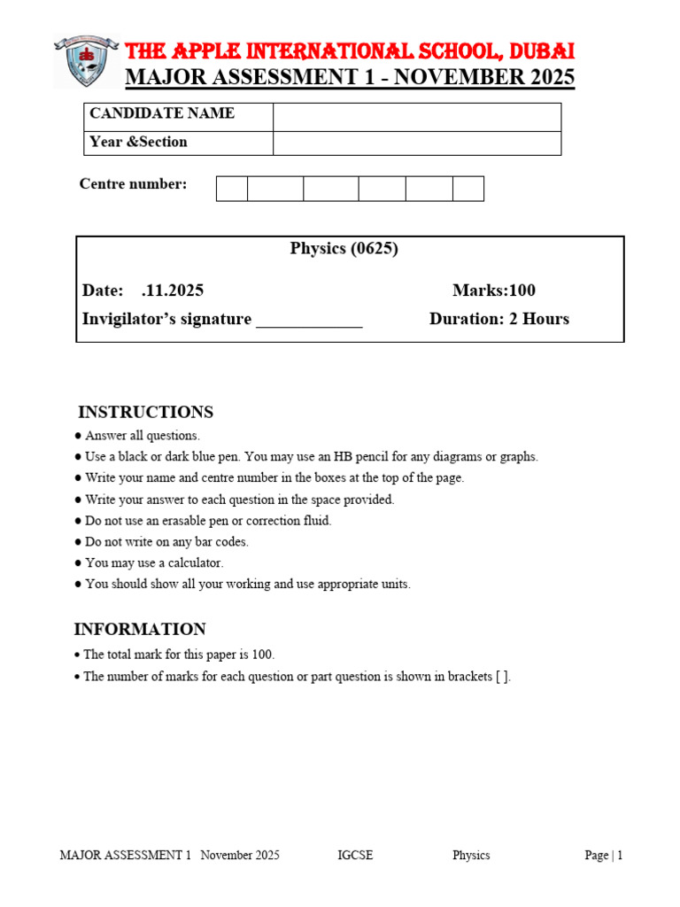 IGCSE Physics Major Assessment 2025 | PDF | Pressure | Atmosphere Of Earth