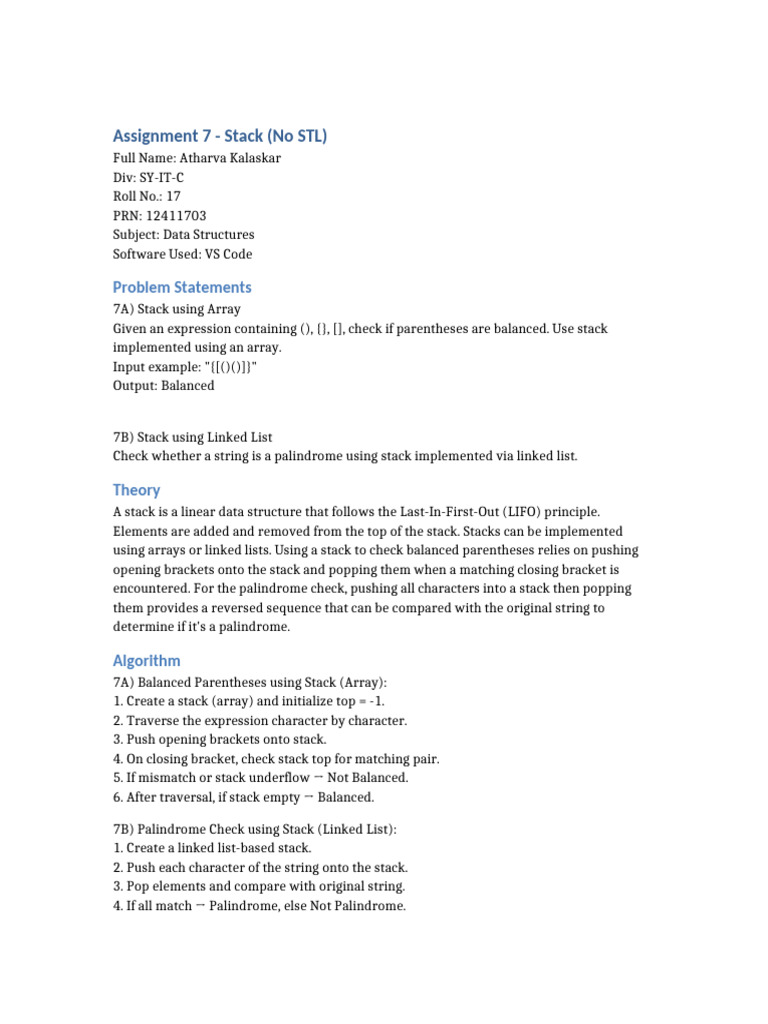 Stack Implementation: Balance & Palindrome | PDF | String (Computer ...